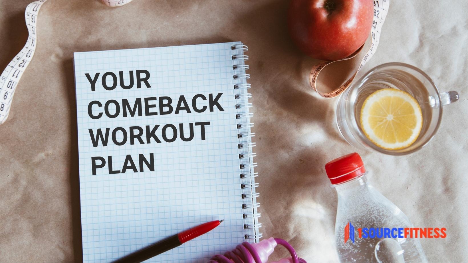 A notebook that reads 'Your Comeback Workout Plan' that lays on a table surrounded by an apple, bottled water, and a tape measure.